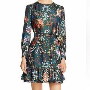Tory Burch Floral Silk Ruffle Hem Long Sleeve Dress Size 2 Green Multicolor